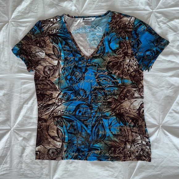 Turquoise and brown patterned top - Picture 1 of 4